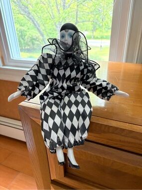 Vintage Harlequin Clown Doll with Porcelain Hands, Head, Feet. Movable Body.